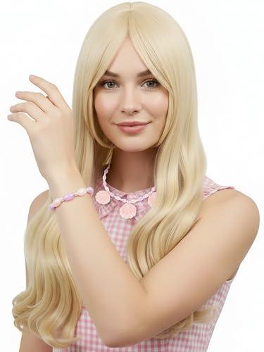 Light Blonde Long Curly Wig for Adult Womens Long Wavy Wig with Middle Part Bangs with Pink Accessories for Halloween Cosplay