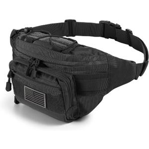 Tactical Fanny Pack,Military Waist Bag Pack with U.S Patch Utility Hip Belt Bumbag for Outdoor Fishing Hiking (Black(4 Zipper Pockets))
