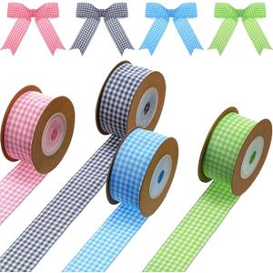Chuangdi 4 Rolls Easter Wired Ribbons Gingham Plaid Buffalo Check Edge Ribbon Spring Polyester Decoration for Easter DIY Crafts Holiday Party Home Decor, 1 Inch, 22 Yards