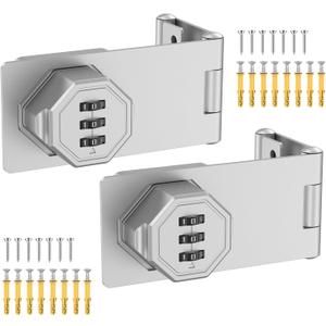 90 Degree 3-Digit Combination Cabinet Lock, Zinc Alloy Keyless Folding Hasp Lock Latch, Password Security Rotary Door Latch for Office File Cabinet, Drawer, Locker, Cupboard (2, Silver)