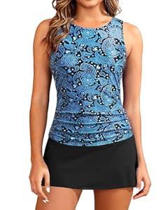 Daci Womens Blue Paisley Tankini Swimsuits with Skirt - Two Piece Tummy Control Bathing Suits High Neck Swimwear L