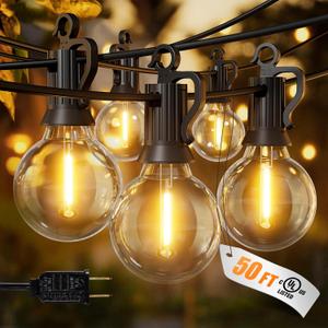 Brightown Outdoor String Lights, 50FT 25 G40 Bulbs Shatterproof Patio Lights, IP65 Waterproof Dimmable Hanging Connectable Globe LED Outdoor Lights for Backyard, Bistro, Porch, Deck, Balcony (Black)