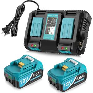 2Packs 6.0Ah Replacement for Makita Battery 18V with 2-Port Charger