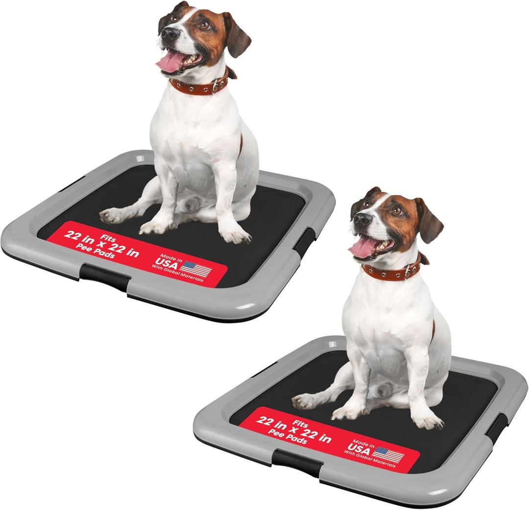 IRIS USA Pee Pad Holder for Dogs and Puppies, Potty Training Tray with Secured Latches, Non-Skid Feet, Leak Protection, Easy Clean Surface, Fits 22"x 22" Puppy Pads Size or Larger, 2 Pack, Black/Gray