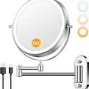 Auxmir 1X/30X Wall Mounted Lighted Makeup Mirror, 8" Rechargeable Double-Sided Magnifying Mirror with Light, Touch Dimmable 3 Color Light, 360 Rotation Foldable Extended Arm, Chrome
