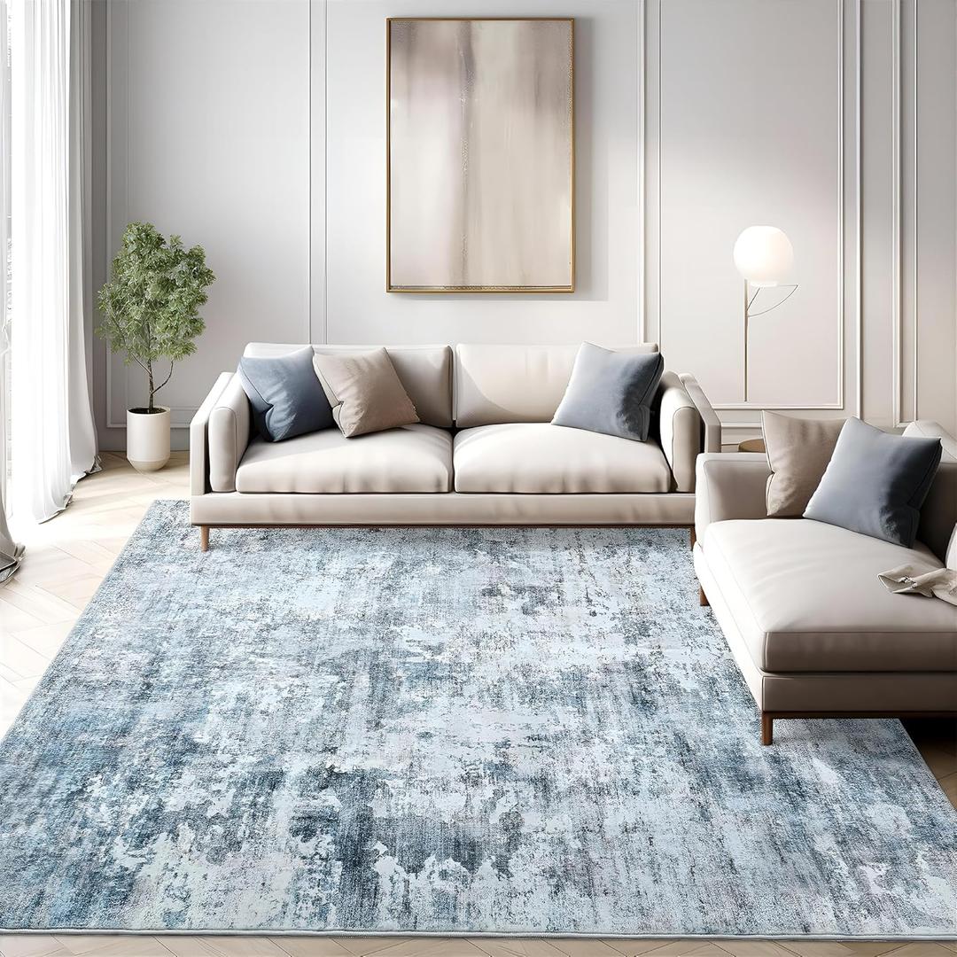 Abstract Rug 5x7 Machine Washable Area Indoor Blue Low Pile Non-Slip Foldable Thin Accent Rugs for Bedroom Living Room Dining Room