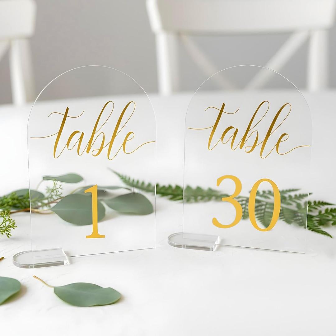 Kifmurase 30 Sets Gold Wedding Table Numbers, 4x6 Inch Clear Number Display Stand with Holder, Acrylic Centerpiece Number Signs for Wedding Reception Centerpiece Decoration Event Party, Numbers 1-30