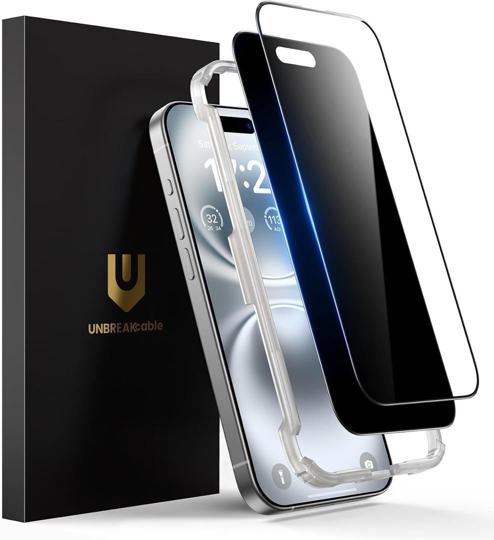 UNBREAKcable 2PCS Screen Protector for iPhone 16 Plus - 1 Privacy Tempered Glass+ 1 Clear Glass Double Shatterproof [Installation Frame] [9H Hardness] [Case Friendly] Anti-Scratch iPhone 6.7 inch