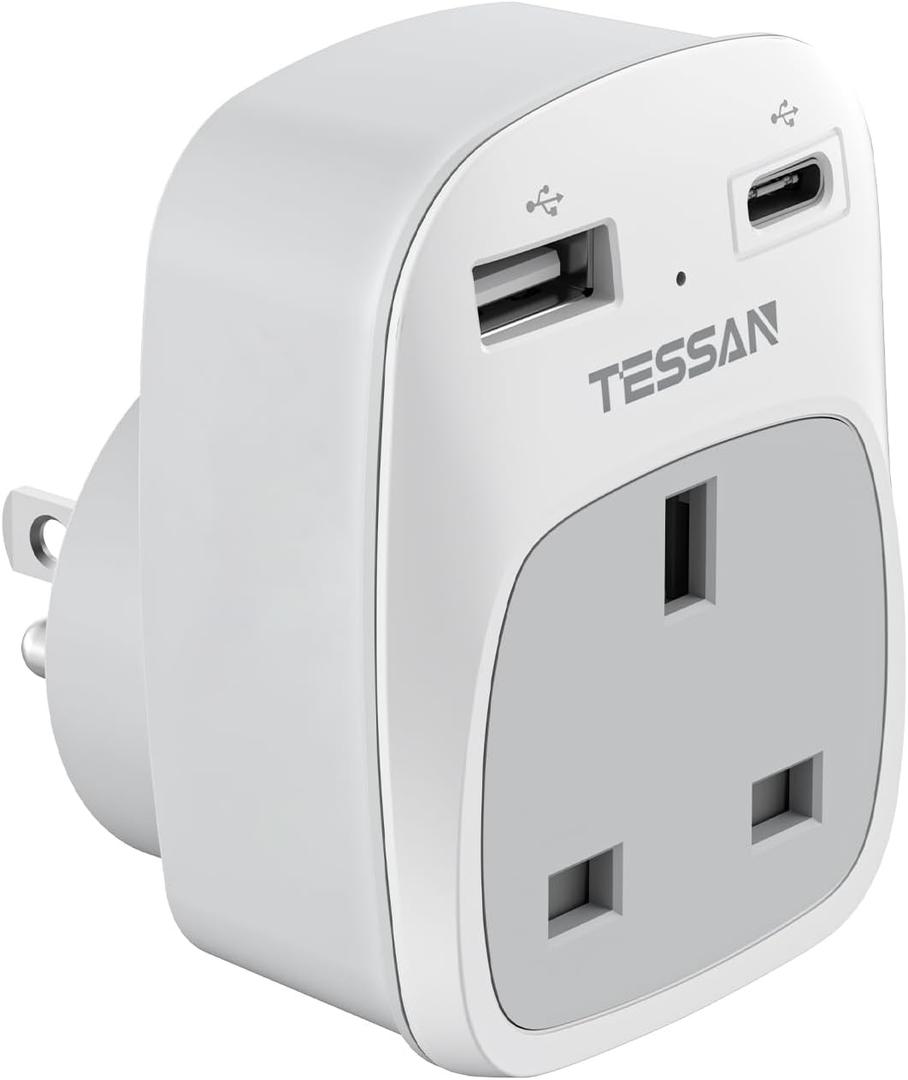 TESSAN UK to US Plug Adapter, UK Plug Adapter with AC Outlet 2 USB Ports, Type G Power Outlet Adaptor Ireland Singapore Hongkong to Type B USA Travel Adaptor