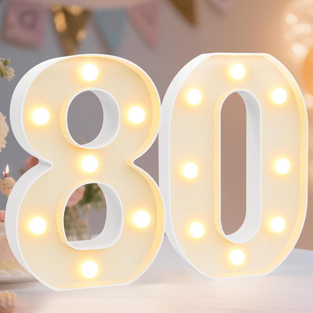 Pooqla Decorative LED Light Up Number Letters, White Plastic Marquee Number Lights Sign for 80th Birthday Party Wedding Decor, Battery Operated (80)