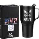 30oz Navy Tumbler Double Wall Vacuum Insulated Stainless Steel USN Travel Mug with Handle | Navy 30oz w/Handle