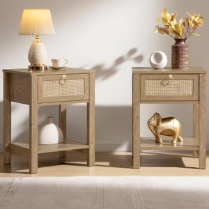 SICOTAS Rattan Nightstand Set of 2 with Storage Shelf, Boho Bedside Tables | Night Stand Set of 2 with Rattan Drawer, Boho End Tables with Storage for Bedroom, Guest Room, Apartment, and Small Spaces