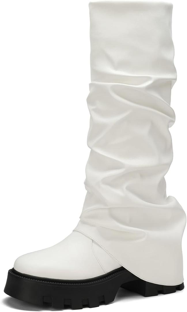 Fold Over Platform Boots for Women, Knee High Shark Boots Round Toe Pleated Slouchy Boot Shoes for Casual, Size 8