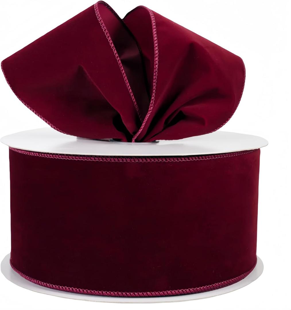 Meseey 4 Inch 50 Yards Burgundy Velvet Wired Ribbon - Premium Soft Velvet Ribbon with Wire Edges for Christmas, Wedding, Thanksgiving, Gift Wrapping, DIY Crafts & Holiday Decor