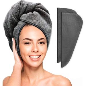 Scala Turban Hair Towel Wrap for Women - Microfiber, Fast Dry, Super Absorbent, Anti-Frizz, Tangle-Free, Quick Drying and Plopping for Wet Curly Hair, Gray, 2 Pack