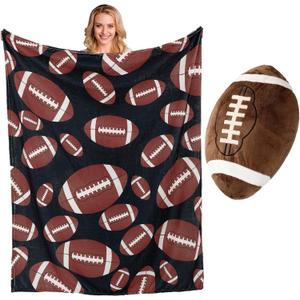 Mindsoft Football Throw Blanket Gift for Boys Men with Plush Pillow, 50 x 60 Inches Soft Flannel Football Blankets with Fluffy Pillow for Men Couch Sofa Bed Sports Rugby Lover Team Gifts Decoration