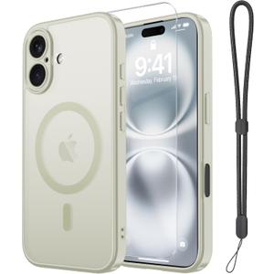 Janmitta Magnetic for iPhone 15 Case,with Screen Protector+Wrist Strap,Compatible with MagSafe,Camera Protection,Military Grade Drop Protection,Slim Translucent Matte Phone Cover,White
