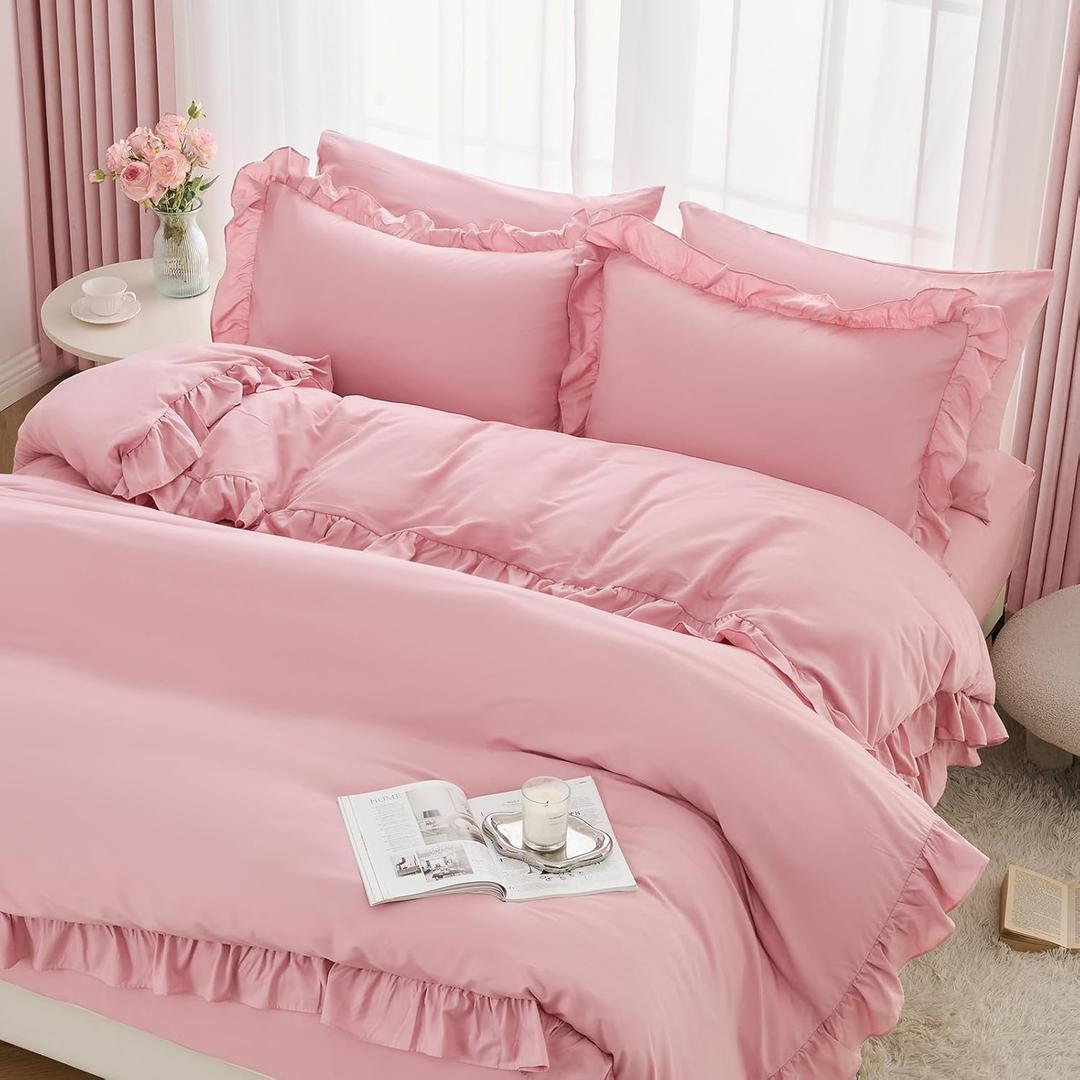 Horbaunal 5 Pcs Pink Ruffle Duvet Cover Queen Size Soft Microfiber Shabby Chic Ruffled Duvet Cover Set, Vintage French Country Ruffle Bedding Set with Zipper Closure & Corner Ties, 90" x 90"