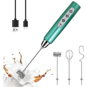 YUSWKO Green Handheld Milk Frother Wand for Coffee, Rechargeable Electric Whisk with 3 Heads 3 Speeds Drink Mixer Coffee Frother For Latte, Cappuccino, Hot Chocolate, Egg