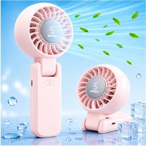 ZOZOO Portable Handheld Fan, 5 Gear High Speed, Rechargeable Mini Personal Hand Fan, Up to 14 Working Hours, 3 IN 1 for Travel, Beach Vacation, Camping, Gifts for Women, (Pink), Foldable