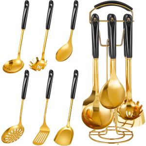 7 Pcs Black and Gold Cooking Utensils Set, Stainless Steel Kitchenware Gift with Hanging Shelf, Slotted Spoon, Slotted Spatula, Large, Soup Ladle, Spatula, Pasta Spoon, Easy to Clean
