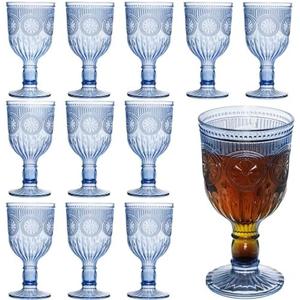 12 Pack Vintage Wine Glasses, Plastic Reusable 12 Ounce Colored Water Goblets, Unique Flower Embossed Pattern Unbreakable Stemmed Wine Glasses High Clear Wedding Party Bar Drinking Cups Blue