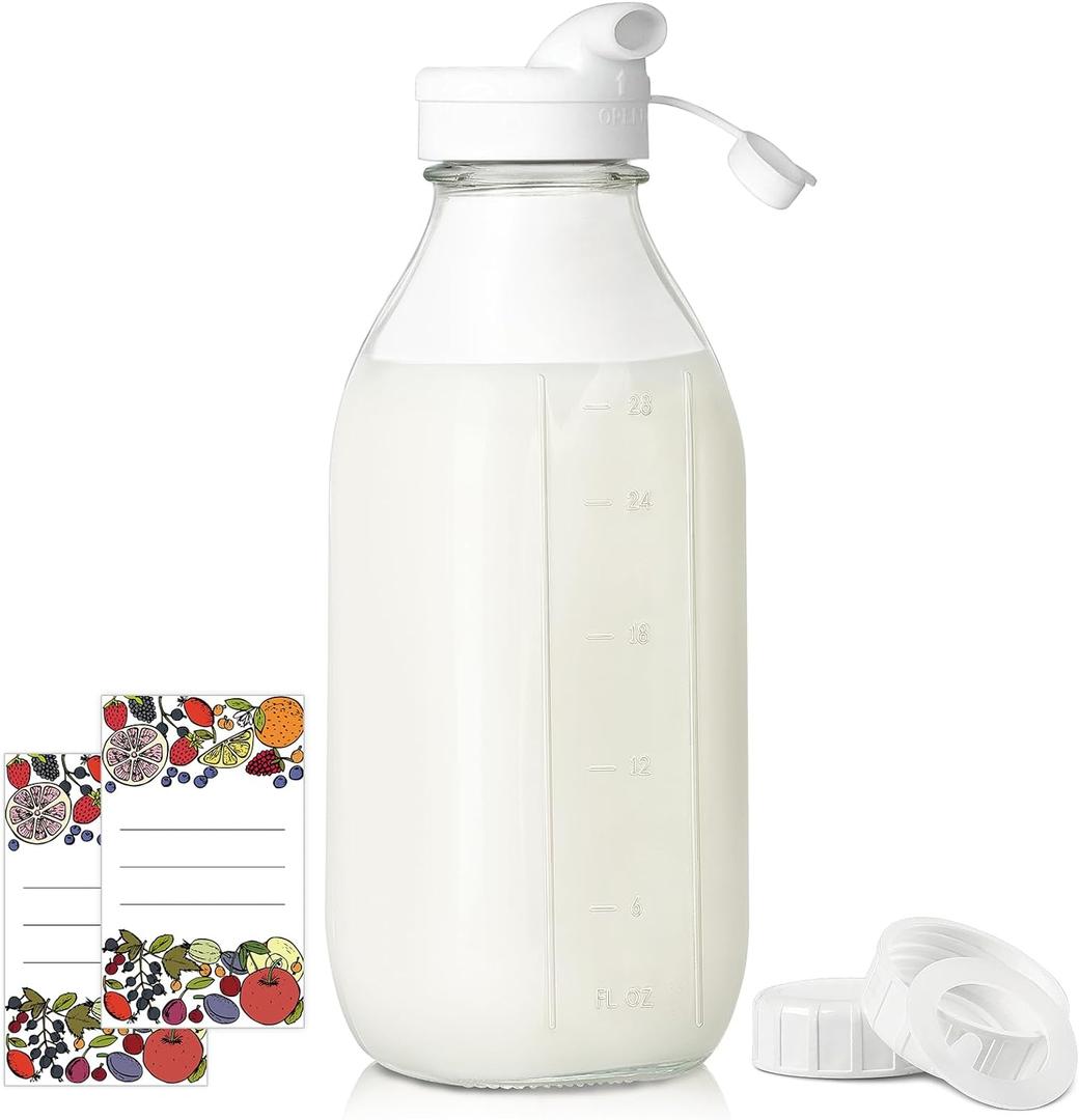 Syntic Square Liter Glass Milk Bottles with Airtight Lid - 100% Leak-Proof Heavy Duty Screw Cap, 32 Oz Glass Juice Bottles w Scale Mark, Reusable Jugs Pitcher for Homemade Juice(Extra 1 Lid and Pen)