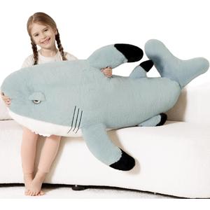 Tezituor 51inches Giant Great White Shark Stuffed Animals, 4.3ft Oversize Gray Stuffed Shark Plush Body Pillow for Girls Boys, Realistic Ocean Plush Toy Christmas Birthday Gift Decora for Kids Adults