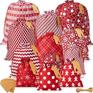 Chumia 12 Pcs Christmas Fabric Gift Bags with Drawstring, Red and White Christmas Gift Reusable Fabric Wrap Bags and 12 Kraft Tags for Xmas Birthday Wedding Party Favors(Snowflake)