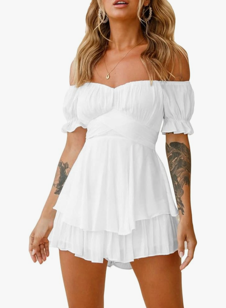 AOHITE Womens Summer Tube Top Dress Off-Shoulder Ruffled Flowy Mini Short Dresses, No Size Mark