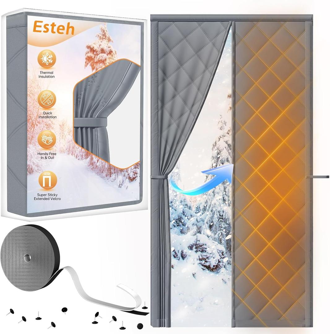 Magnetic Thermal Insulated Door Curtain for Winter Fits Door Size 36" x 82", Temporary Thermal Door Cover for Cold with Thickened Cotton, Window Insulation Kit for Sliding Glass Doorways - Gray