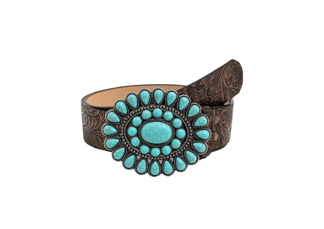 GORGLITTER Women's Western Leather Belt Vintage Turquoise Buckle Waist Belt for Dress