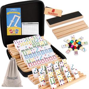 Mexican Train Dominoes Set with 8 Wooden Holders, Double 12 Colored Dot Dominoes with Update Hub, Travel Domino Train Game with 91 Tiles and Portable Carry Case, Family Board Team Games