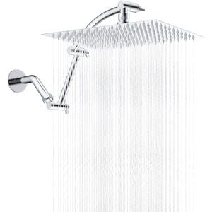 Hibbent All Metal Rain Shower Head, 12'' High Pressure Rainfall Square Showerhead with 16" Shower Head Extension Arm, Solid Brass Adjustable Shower Arm Extender, Waterfall fixed Showerheads, Chrome