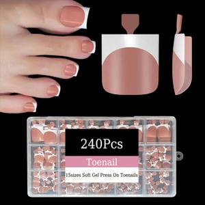 240Pcs Toe Press on nails, Short Square Brown Toe Nail Press Ons for Women in 15Sizes, French Tip False Toenails Extension, Soft Gel Toe Nail Tips, Acrylic Full Cover Fake Toenails for Girl