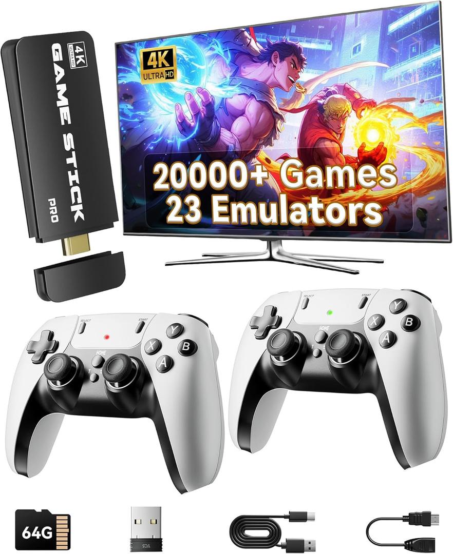 2025 Retro Gaming Console Pro 4K HDMI with 20,000+ Built-in Classic Video Games, Retro Game Stick with 23 Emulators Plug & Play TV Video Gaming Stick with 64GB Memory (Transparent Black)