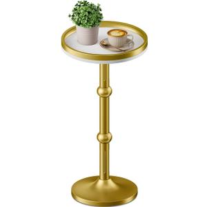 Small Round Side Table, Coffee Drink Table for Small Spaces, Modern Night Stand with Metal Leg, Weighted Iron Base Pedestal Round End Tables for Living Room, Bedroom, Narrow Corners,Sofa Couch (White Gold)