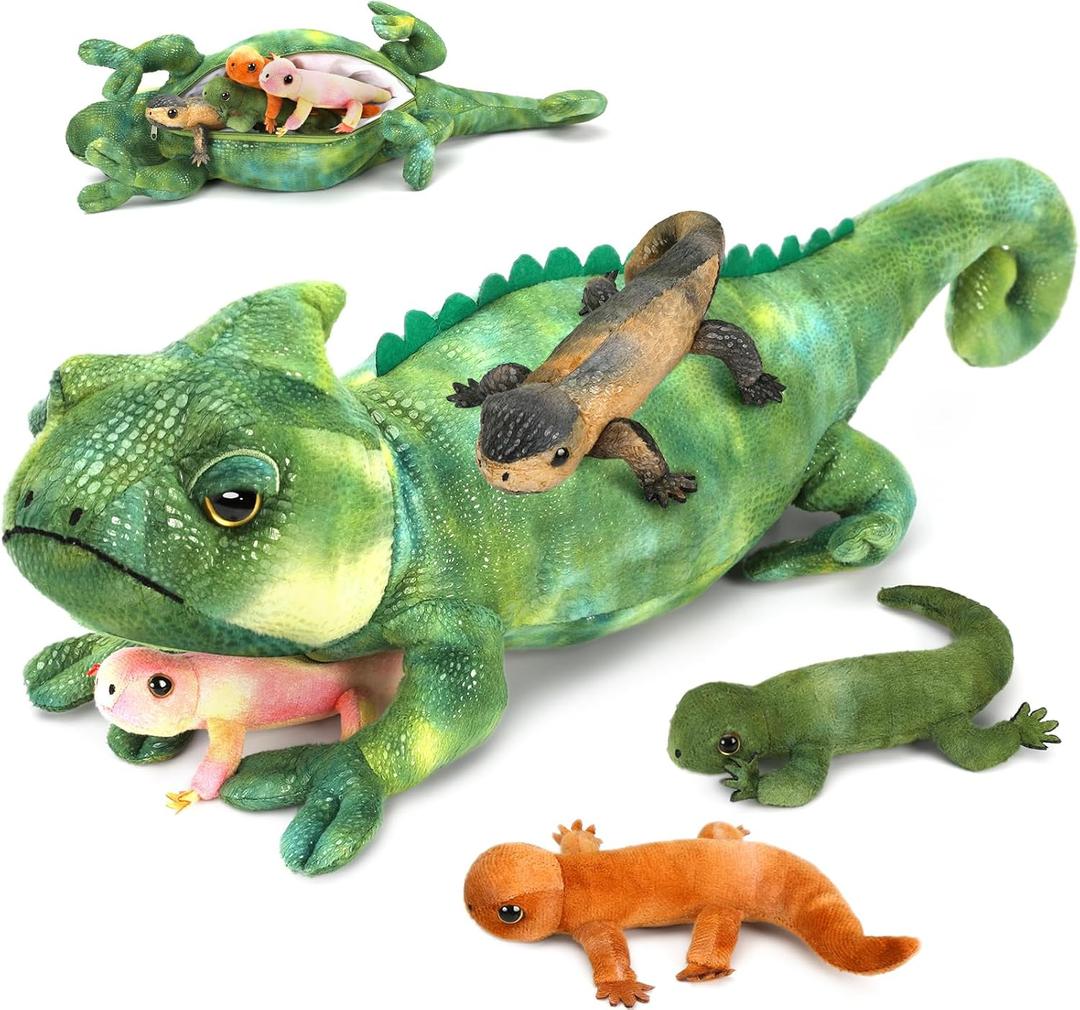 5Pcs Giant Lizard Plush, 27" Mother Iguana Stuffed Animal with 4 Baby Lizard Plushies, Bearded Dragon Plush Toy for Kids Boys Girls, Stuffed Chameleon for Christmas Birthday Gift