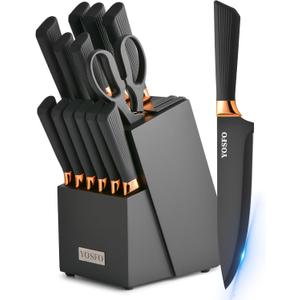 YOSFO Kitchen Knife Set, 15 Pcs Knife Set with Block and Sharpener, High Carbon Stainless Steel Ultra Sharp, Dishwasher Safe