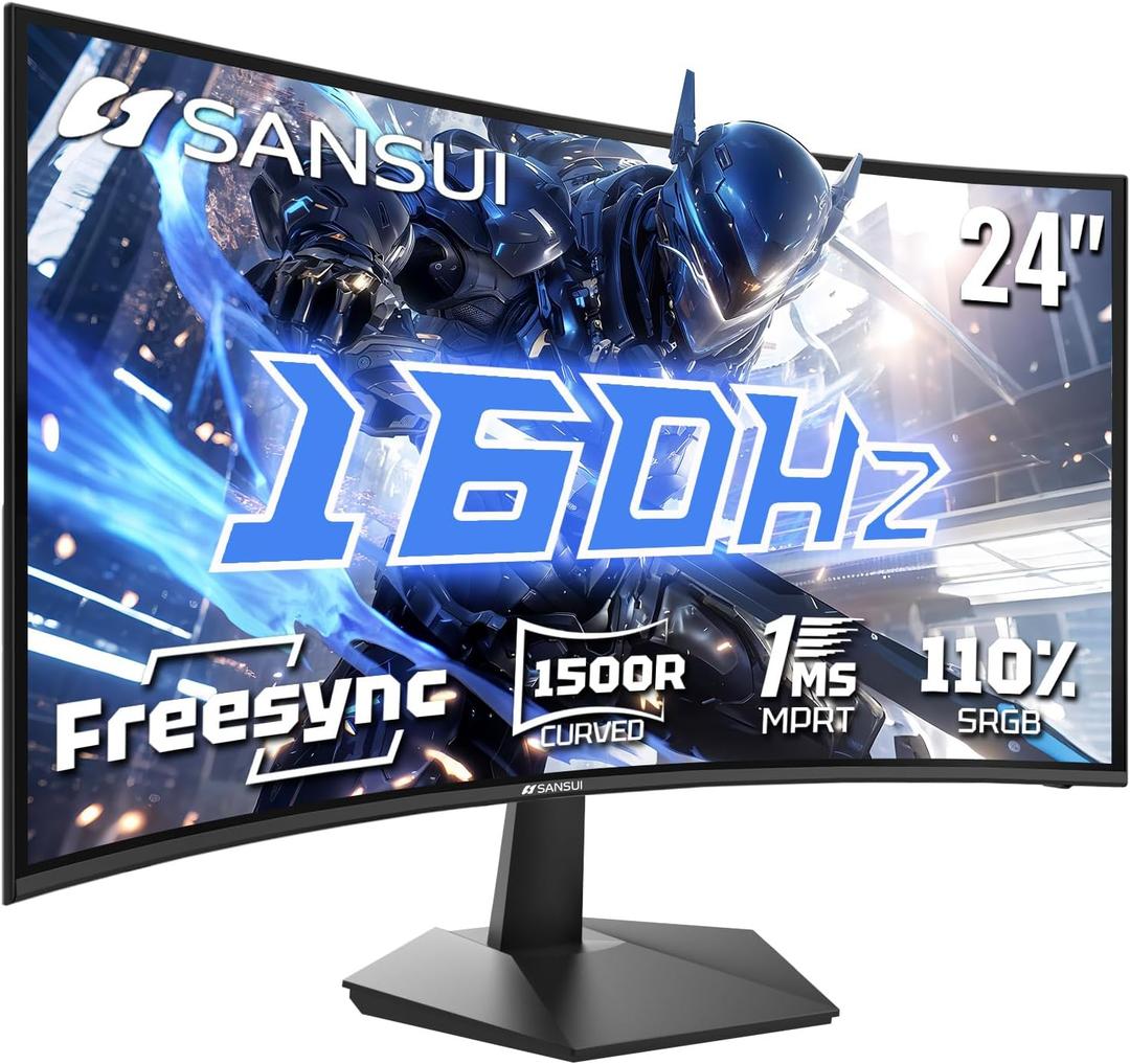 SANSUI 24 Inch Curved 160Hz Gaming Monitor,1500R Curved Gaming Monitor FHD 1080P Computer Monitor,MPRT 1ms Fast VA Display,Freesync,HDR,3000:1, HDMI2.0,DP1.4, VESA Support(ES-G24C1L HDMI Cable Incl.) (Black)