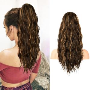 FLUFYMOOZ Ponytail Extension, 22 Inch Drawstring Ponytail Hair Extensions for Women Long Curly Wavy Ponytail Natural Wavy Synthetic Hairpiece for Women(22 Inch Brown with Blonde Highlights)