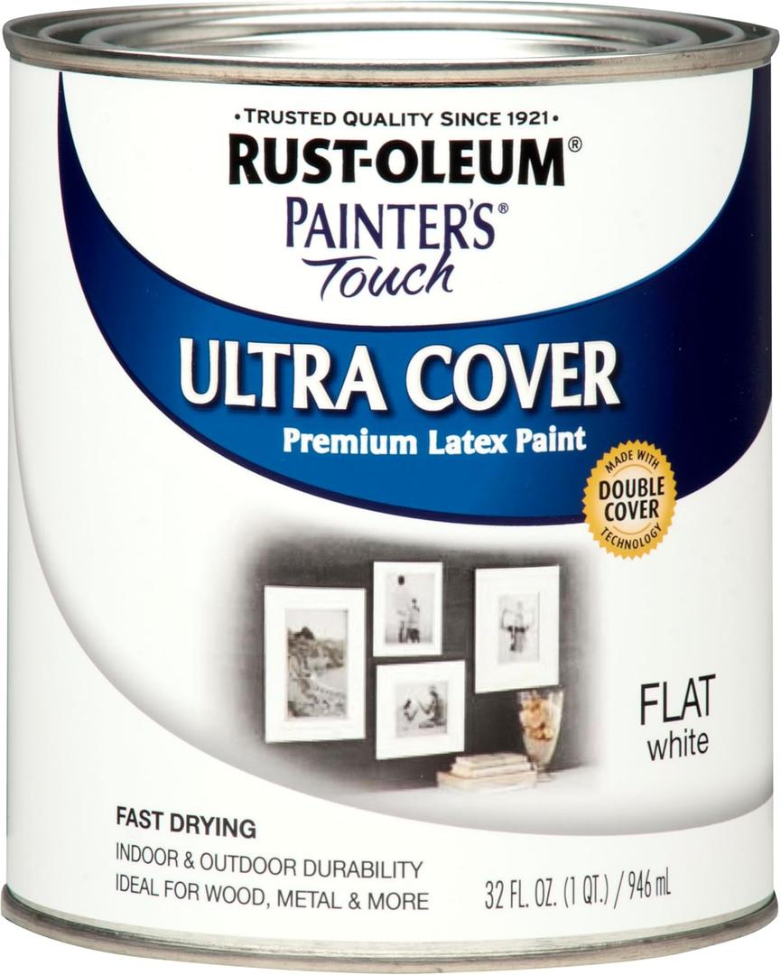 Rust-Oleum 1990502 Painter's Touch Latex Paint, Quart, Flat White 32 Fl Oz (1 Quarts Pack of 1)