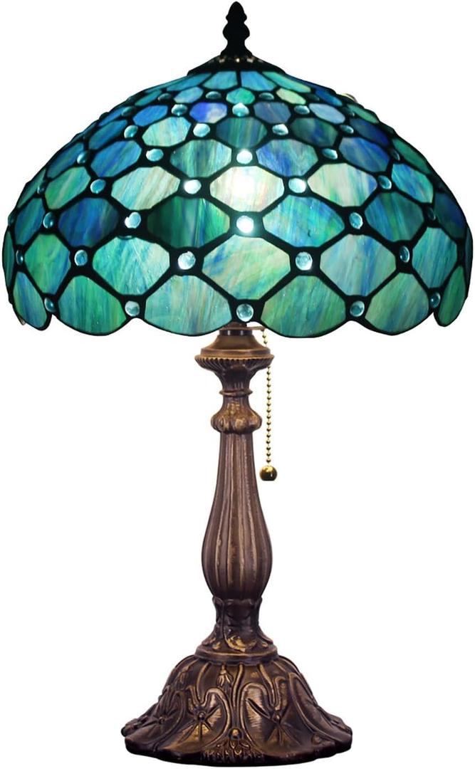 Tiffany Table Lamp Stained Glass Lamp 12X12X19 Inch Antique Reading Light (Sea Blue Pear)