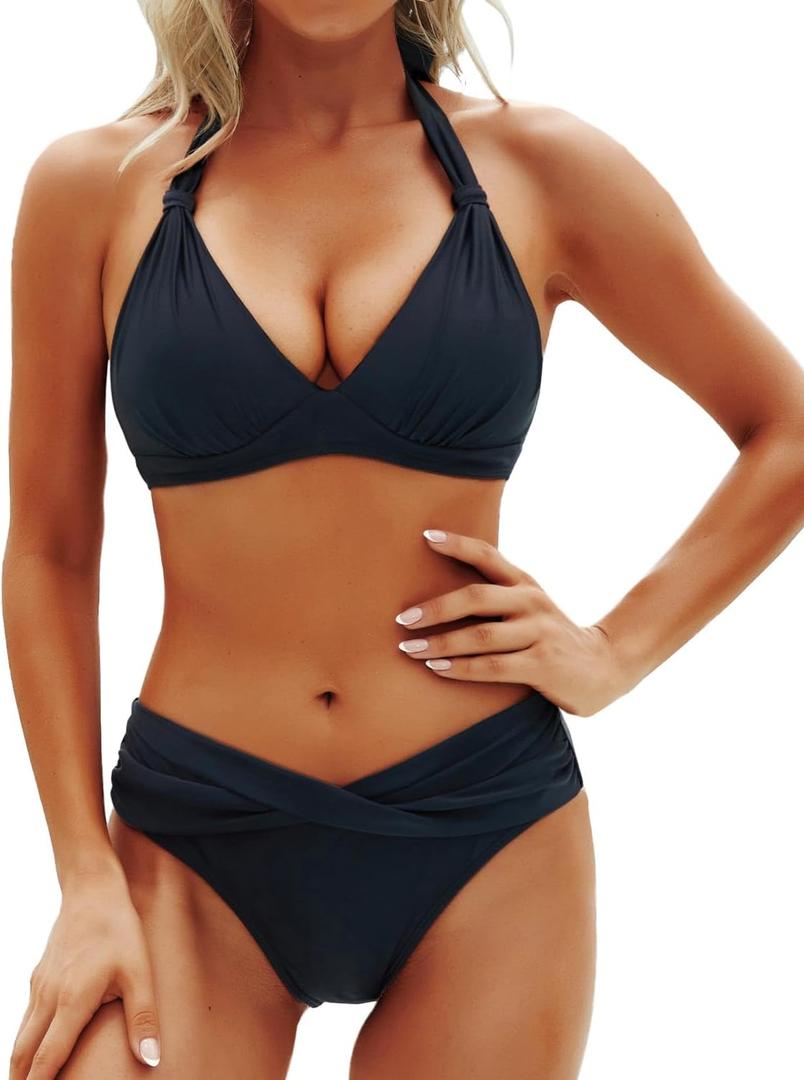Yonique Women Two Piece Bathing Suits Push Up Bikini Set Halter Swimsuit Vintage Swimwear (Medium, Black)