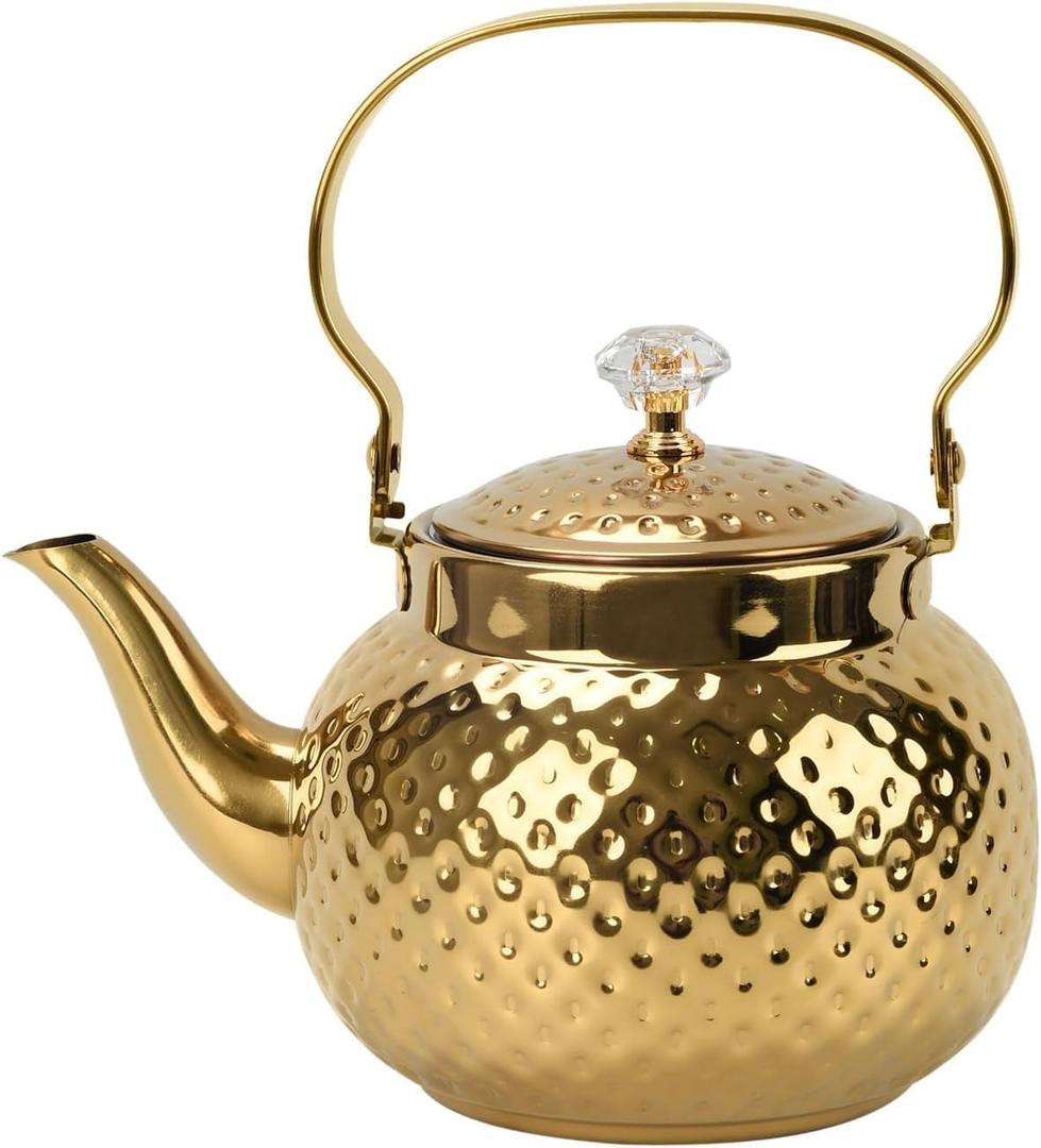 2L Hammered Tea Kettle, Stainless Steel Tea/Coffee Pot Loose Leaf Teapot for Tea, Milk, Coffee, 2L Teapot with Strainer Stovetop Tea Kettle, Outdoor Travel Supplies, Gift For Tea (Gold 2L)