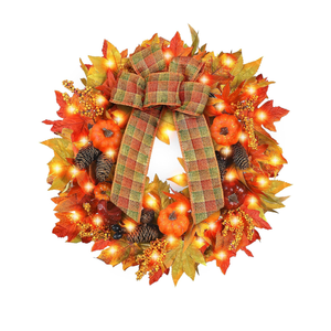 Souarts 24'' Large Fall Wreath for Front Door with 30 LED Light, Artificial Autumn Wreaths Pumpkin Maple Pine Cone, Thanksgiving Indoor Outdoor Harvest Decor, A-light Orange-pine 17''