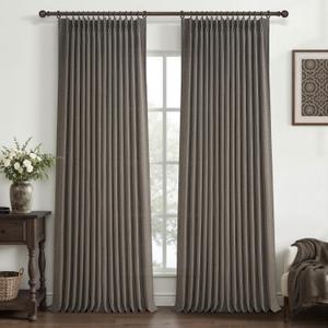 Pleated Chocolate Tart Natural Linen Curtains 96 Inches Long for Sliding Glass Doors, Memory Trained Semi Sheer Drapes Light Filtering Privacy 8FT Length Rustic Windows Curtain 2 Panels Set Back Tab