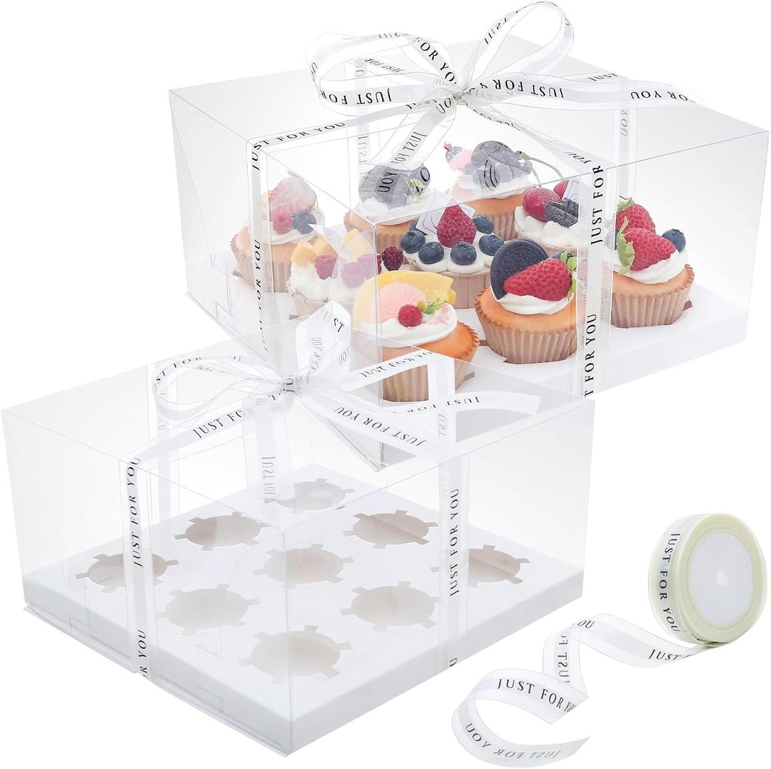 5 Pcs clear cupcake boxes with complimentary gift ribbon, 9 Count cupcake container, plastic cupcake tray, for desserts, cookies, muffins for Easter and Mother's Day. (White, 9Counts/5pcs)