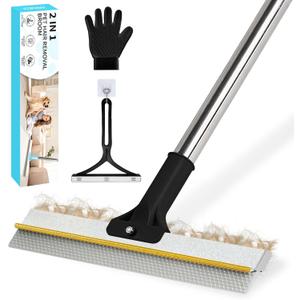 Carpet Rake for Pet Hair Removal - Upgraded 2-in-1 Carpet Broom with Copper Scraper & TPU Brush, 54 Adjustable Long Handle Reusable Cat Dog Hair Remover Tool for Deep Cleaning Rugs, Mats (Black)