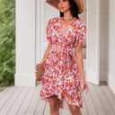 Women's Wrap V Neck Short Sleeve Dress 2025 Summer Floral Boho Dress Ruffle A Line Flowy High Low Midi Dresses, S